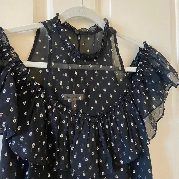 Rebecca Taylor Womens Top Blouse Black With Silver Dots Size 4 Off The Shoulder - Picture 3 of 5